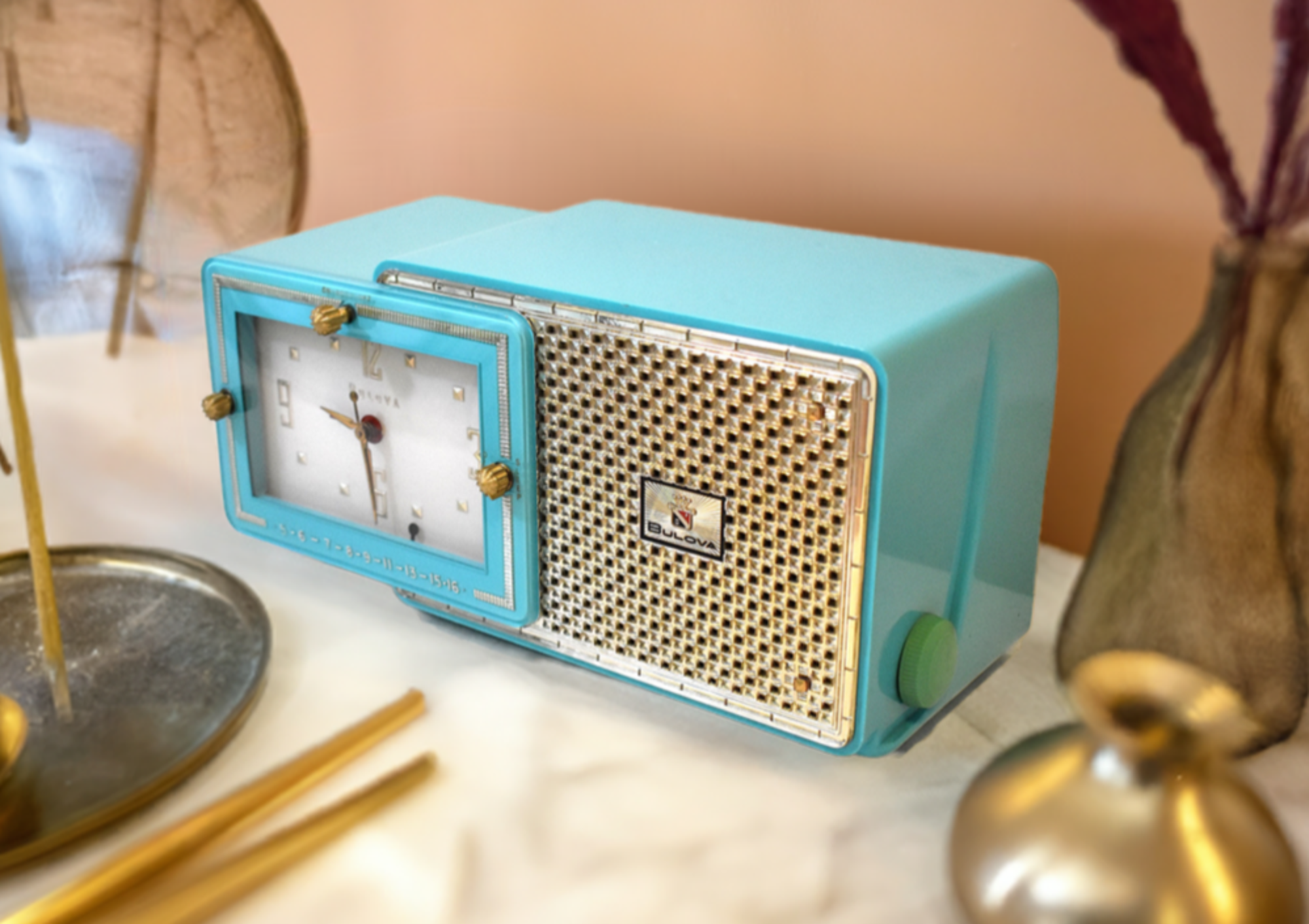 Egyptian Turquoise Gold Mid Century 1959 Bulova Model 120 Vacuum Tube AM Clock Radio Excellent Condition! Sounds Great!