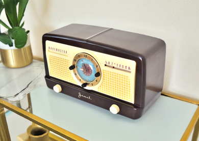 Mocha Brown Bakelite 1950 Jewel Wakemaster Model 5057U Vacuum Tube AM Alarm Clock Radio Sounds Great! Excellent Condition!