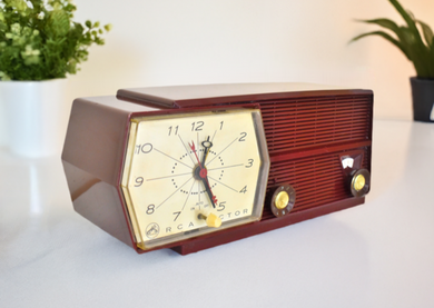 Bluetooth Ready To Go - Burgundy Magenta 1957 RCA Victor Model 8-C-51 AM Vacuum Tube Alarm Clock Radio Sounds Great!