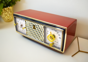 Brick Red 1960 Zenith Model C520V 'The Saxony' Vacuum Tube AM Clock Radio Excellent Plus Condition! Rare Color! Sounds Great!