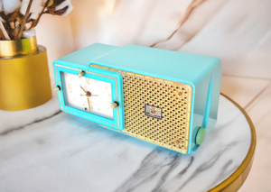 Egyptian Turquoise Gold 1957 Bulova Model 100 AM Vacuum Tube Alarm Clock Radio Simply Fabulous!