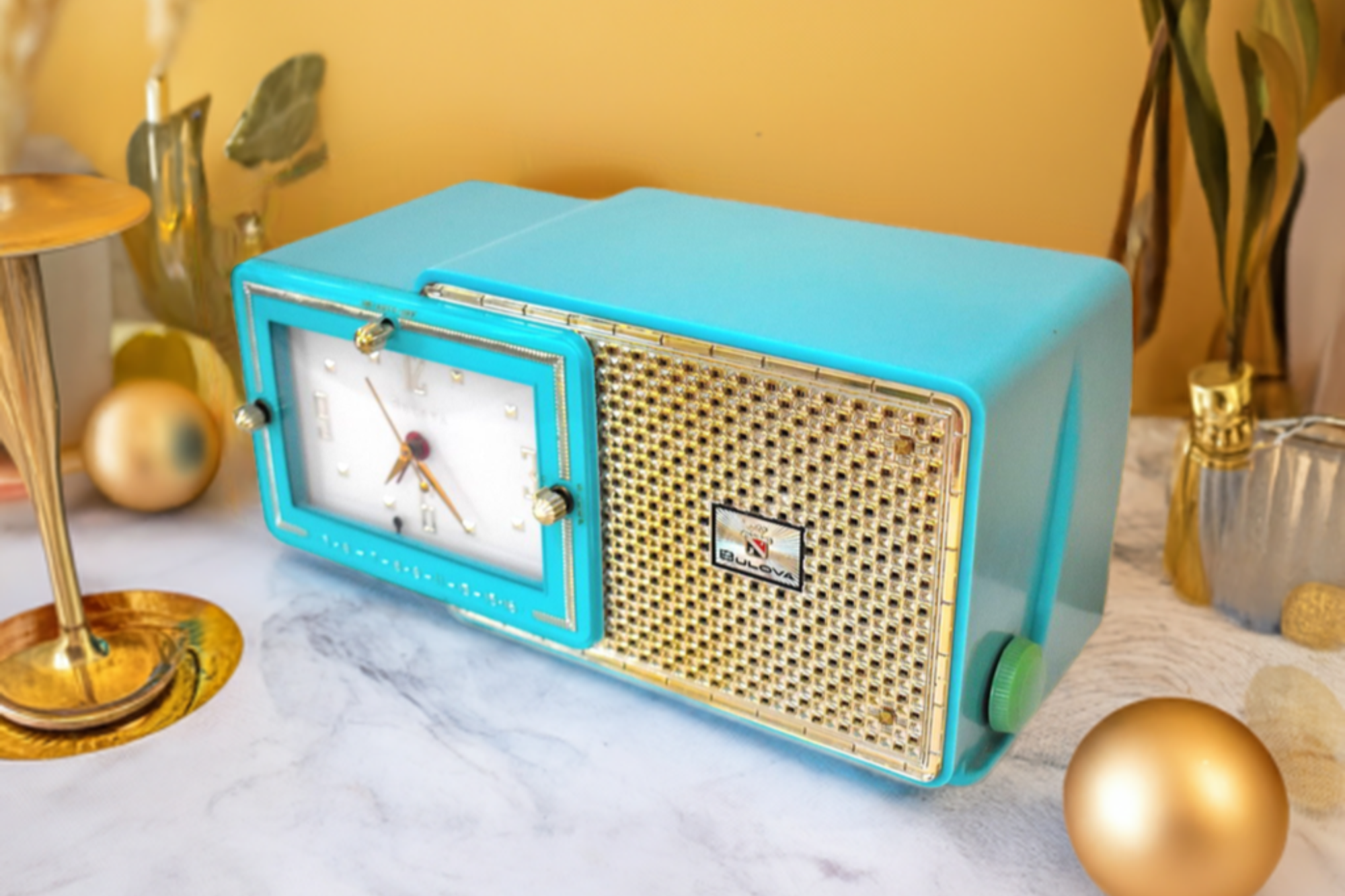 Egyptian Turquoise Gold Mid Century 1959 Bulova Model 120 Vacuum Tube AM Clock Radio Excellent Condition! Sounds Great!