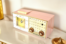 Load image into Gallery viewer, Plaza Pink and Gold 1960 Bulova Model 190 Vacuum Tube AM Clock Radio Excellent Condition Sounds Great!