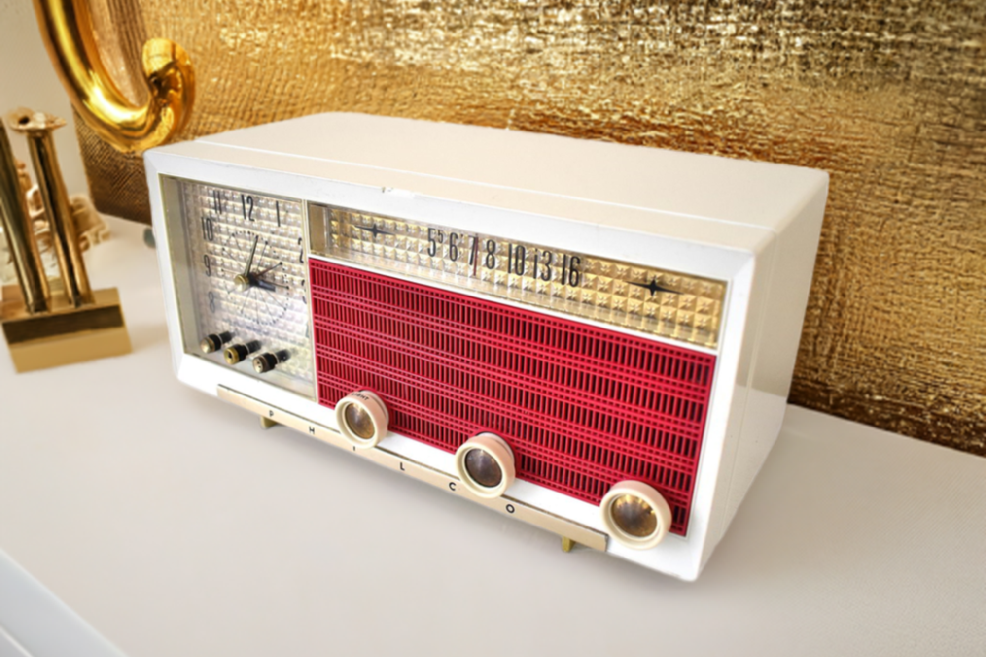 Cardinal Red White 1957 Philco Model E748-124 AM Vacuum Tube Alarm Clock Radio Rare Awesome Color Combo Works Fantastic!