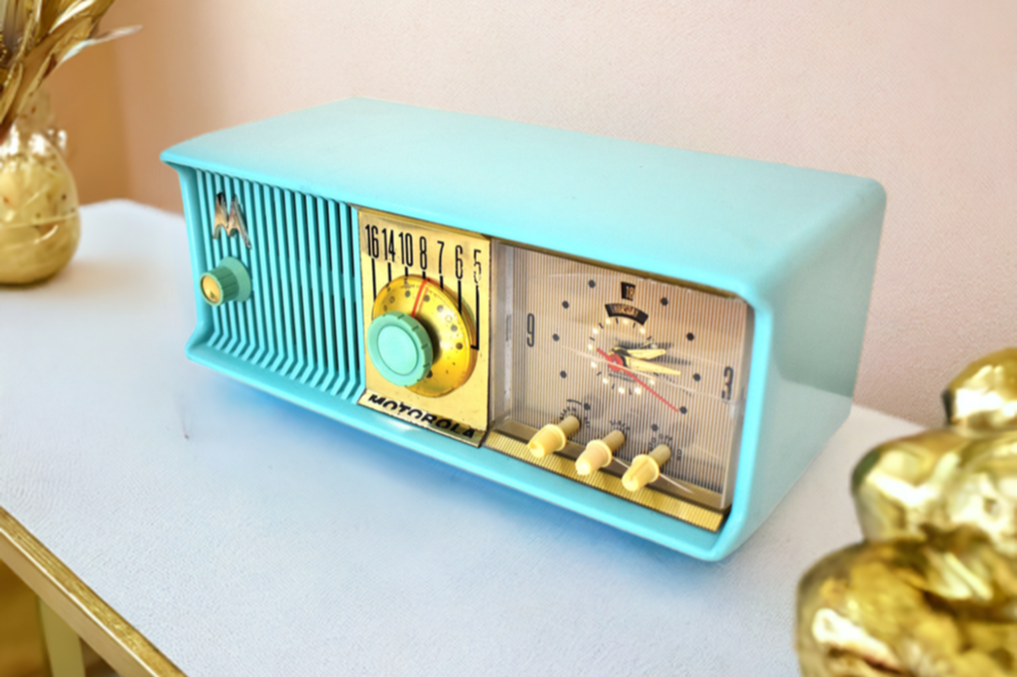 Aquamarine Turquoise 1957 Motorola Model 56CC2 Vacuum Tube AM Clock Radio Rare Model and Color