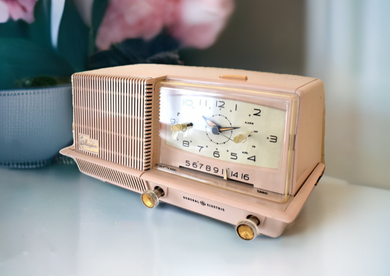 Beige Pink 1958 General Electric Model C421B Vacuum Tube AM Clock Radio Sounds Great!