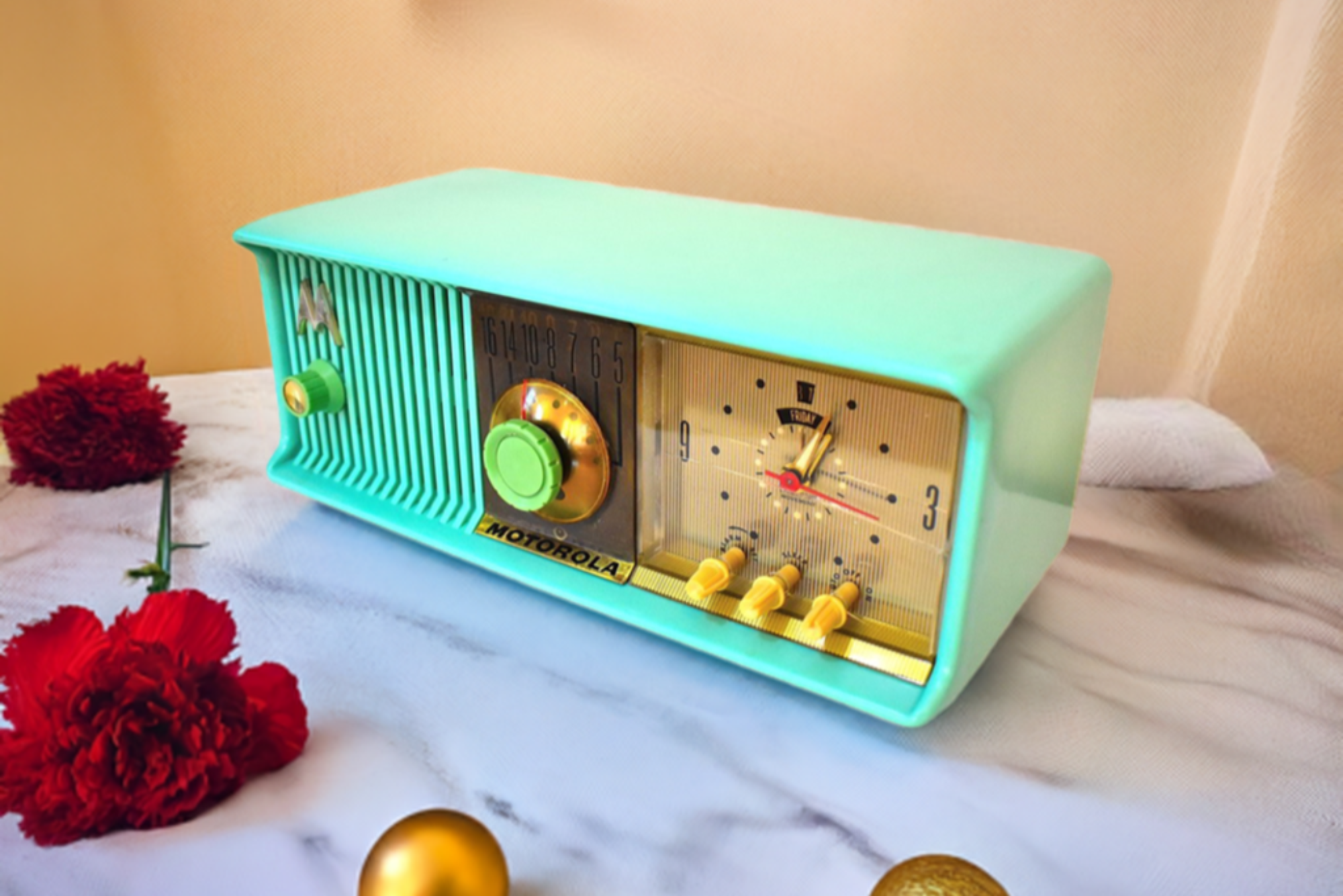 Sea Green 1957 Motorola Model 56CC Vacuum Tube AM Clock Radio Rare Model and Color Sounds Fantastic! (Copy)