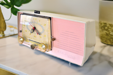 Carnation Pink and White 1959 RCA Victor Model C-4FE Vacuum Tube AM Clock Radio Beautiful Design and Sounds Fabulous!