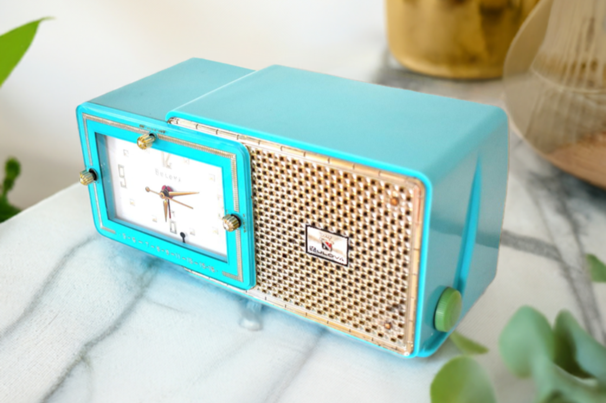 Egyptian Turquoise Gold Mid Century 1957 Bulova Model 120 Vacuum Tube AM Clock Radio Excellent Condition! Sounds Great! (Copy)