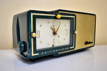 Load image into Gallery viewer, Isle Emerald Green and Gold 1959 Bulova Model D100 AM Vacuum Tube Radio Superb Sounding Bling Bling!