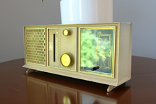 Load image into Gallery viewer, Beige Pink 1963 Emerson Model G-1710 AM Vacuum Tube Alarm Clock Radio Sounds Great! Nice Color!