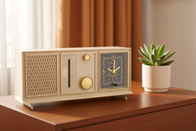 Load image into Gallery viewer, Beige Pink 1963 Emerson Model G-1710 AM Vacuum Tube Alarm Clock Radio Sounds Great! Nice Color!