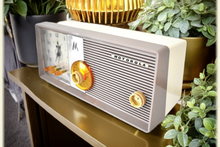 Load image into Gallery viewer, Sahara Taupe 1957 Motorola Model 5C25CW Vacuum Tube AM Clock Radio Excellent Condition and Sounds Outstanding! Rare Color!