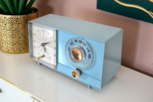 Load image into Gallery viewer, Powder Blue 1959 General Electric Model C-404B Vacuum Tube AM Clock Radio Excellent Condition! Sounds Great!