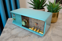 Load image into Gallery viewer, Aquamarine Turquoise 1957 Motorola Model 56CD4 Vacuum Tube AM Clock Radio Rare Model and Color Sounds Fantastic!