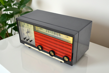Load image into Gallery viewer, Black Orange 1955 Philco Model D737-124 AM Vacuum Tube Alarm Clock Radio Beautiful with Rare Working Clock Light!