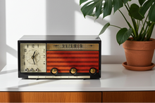 Load image into Gallery viewer, Black Orange 1955 Philco Model D737-124 AM Vacuum Tube Alarm Clock Radio Beautiful with Rare Working Clock Light!