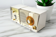 Load image into Gallery viewer, Linen Ivory 1961 Motorola C18W Vacuum Tube AM Alarm Clock Radio Excellent Condition and Sounds Fantastic!
