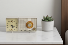 Load image into Gallery viewer, Linen Ivory 1961 Motorola C18W Vacuum Tube AM Alarm Clock Radio Excellent Condition and Sounds Fantastic!