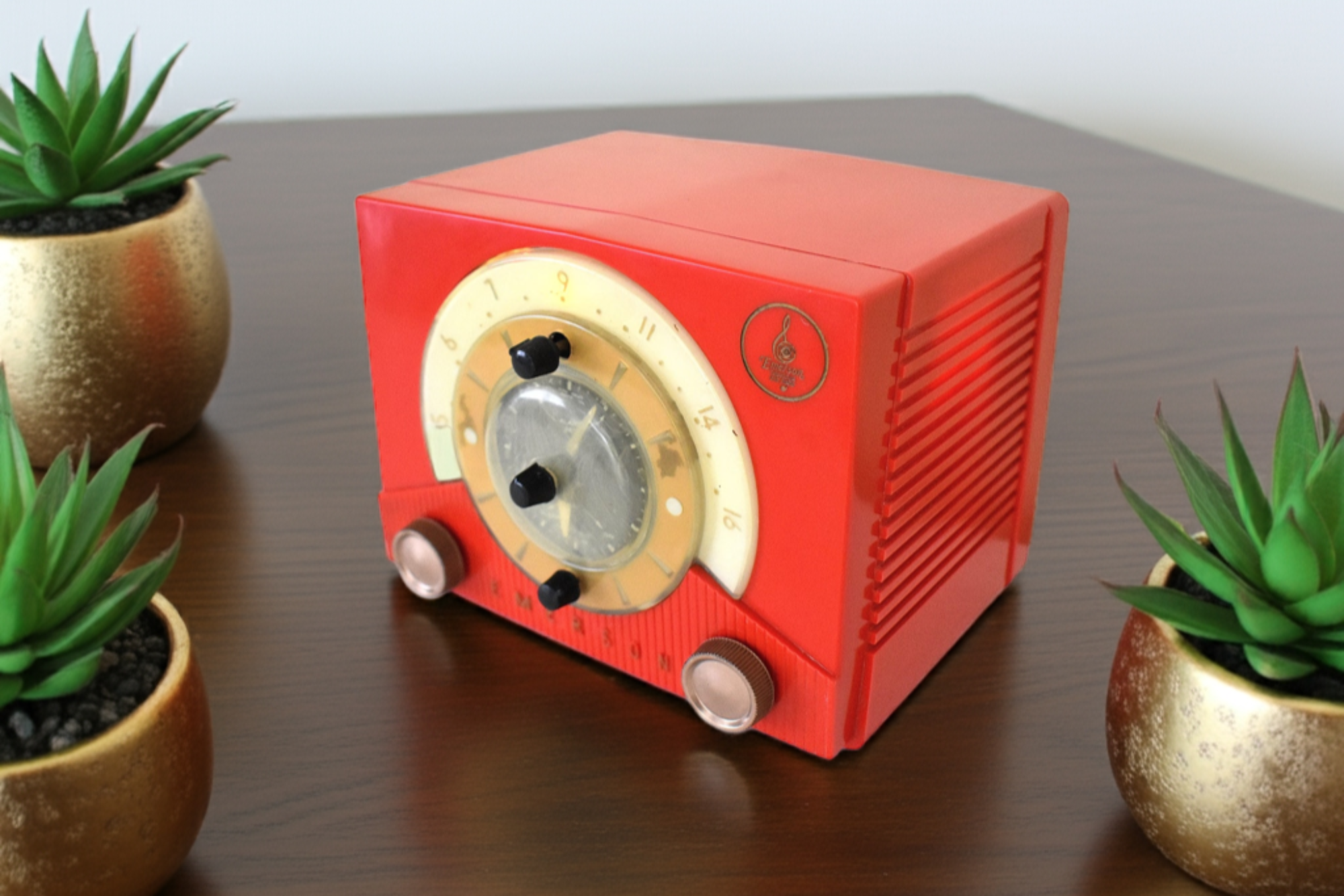 Cardinal Red 1953 Emerson Model 724B AM Vacuum Tube Alarm Clock Radio Rare Awesome Color Sounds Great! Excellent Plus Condition!