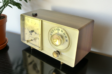 Load image into Gallery viewer, White and Simulated Walnut Grain Vintage 1964 General Electric Model C-413C AM Vacuum Tube Clock Radio Sounds Great! Excellent Condition!