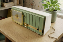 Load image into Gallery viewer, Peapod Green and White Retro Jetsons Vintage 1957 RCA Victor Model 1-C-3HE AM Vacuum Tube Radio Looks and Sounds Fantastic!