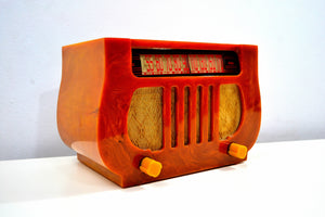 SOLD! - Feb. 11, 2020 - Honey Gold Marble "Lyre" 1938 DeWald Model A-501 Harp Style Catalin Vacuum Tube AM Radio Magnificent! - [product_type} - DeWald - Retro Radio Farm
