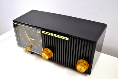 SOLD! - Jan 15, 2020 - Jet Black on Black Ebony 1955 Motorola 56CE1 Tube AM Clock Radio Pristine!