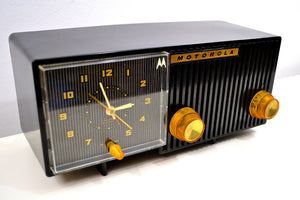 SOLD! - Jan 15, 2020 - Jet Black on Black Ebony 1955 Motorola 56CE1 Tube AM Clock Radio Pristine! - [product_type} - Motorola - Retro Radio Farm