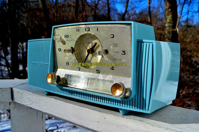 SOLD! - Feb 3, 2018 - POWDER BLUE AND SPARKLING SILVER Mid Century 1959 General Electric Model 912 Tube AM Clock Radio So Sweet!