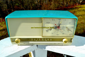 SOLD! - Jan 22, 2018 - AQUA and White Mid Century Retro 1956 RCA Victor 9-C-7LE Tube AM Clock Radio Totally Restored! - [product_type} - RCA Victor - Retro Radio Farm