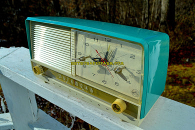 SOLD! - Jan 22, 2018 - AQUA and White Mid Century Retro 1956 RCA Victor 9-C-7LE Tube AM Clock Radio Totally Restored!