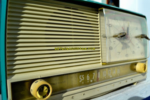 SOLD! - Jan 22, 2018 - AQUA and White Mid Century Retro 1956 RCA Victor 9-C-7LE Tube AM Clock Radio Totally Restored! - [product_type} - RCA Victor - Retro Radio Farm
