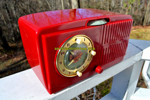 SOLD! - Feb 6, 2018 - CHERRY RED Golden Age Art Deco 1952 General Electric Model 517F AM Tube Clock Radio Sounds Amazing! - [product_type} - General Electric - Retro Radio Farm