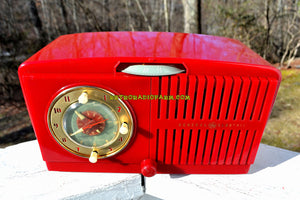 SOLD! - Feb 6, 2018 - CHERRY RED Golden Age Art Deco 1952 General Electric Model 517F AM Tube Clock Radio Sounds Amazing! - [product_type} - General Electric - Retro Radio Farm
