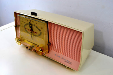 SOLD! - Jan 31, 2019 - Rosebud Pink and White Vintage 1957 RCA Victor C-4FE AM Tube Radio Totally Restored!