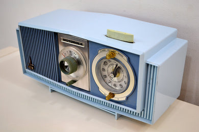 SOLD! - Feb 11, 2020 - Blue on Blue Mid-Century 1963 Motorola Model C19B25 Tube AM Clock Radio Rare Color Combo!