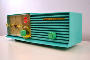 SOLD! - Feb 3, 2019 - LAGUNA AQUA Bi-level Retro Jetsons 1957 Motorola 57CD4A Tube AM Clock Radio Works Great! - [product_type} - Motorola - Retro Radio Farm
