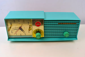 SOLD! - Feb 3, 2019 - LAGUNA AQUA Bi-level Retro Jetsons 1957 Motorola 57CD4A Tube AM Clock Radio Works Great! - [product_type} - Motorola - Retro Radio Farm