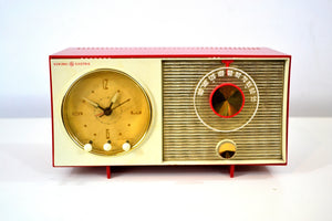 SOLD! - Feb 3, 2020 - Corvette Red and White 1959 General Electric GE Vacuum Tube AM Clock Radio Sounds Great Real Cutie! - [product_type} - General Electric - Retro Radio Farm
