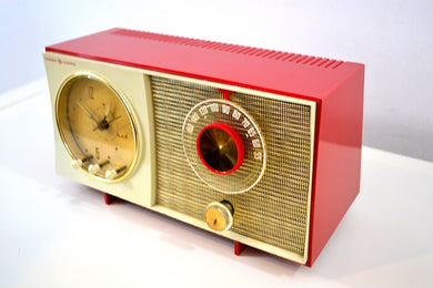 SOLD! - Feb 3, 2020 - Corvette Red and White 1959 General Electric GE Vacuum Tube AM Clock Radio Sounds Great Real Cutie!