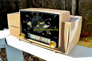 SOLD! - Mar 15, 2018 - BEIGE PINK Mid Century Jetsons 1959 General Electric Model C-4340 Tube AM Clock Radio Totally Restored! - [product_type} - General Electric - Retro Radio Farm