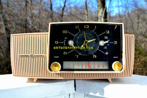 SOLD! - Mar 15, 2018 - BEIGE PINK Mid Century Jetsons 1959 General Electric Model C-4340 Tube AM Clock Radio Totally Restored! - [product_type} - General Electric - Retro Radio Farm