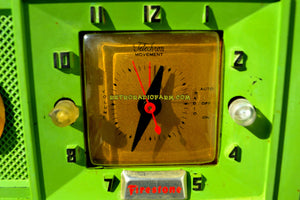 SOLD! - Jan 30, 2018 - CHARTREUSE Mid Century Retro Jetsons 1954 Firestone 4-A-134 Tube AM Clock Radio Extremely Rare! - [product_type} - Firestone - Retro Radio Farm