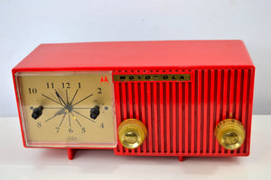 SOLD! - Sept 12, 2019 - Cardinal Red 1956 Motorola 56CS4A Tube AM Clock Retro Radio - [product_type} - Motorola - Retro Radio Farm