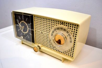 SOLD! - Feb 5, 2020 - Linen Ivory 1959 General Electric Model C-435A Tube AM Clock Radio Totally Restored!