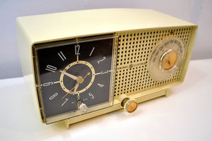 SOLD! - Feb 5, 2020 - Linen Ivory 1959 General Electric Model C-435A Tube AM Clock Radio Totally Restored! - [product_type} - General Electric - Retro Radio Farm