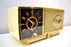 SOLD! - Feb 5, 2020 - Linen Ivory 1959 General Electric Model C-435A Tube AM Clock Radio Totally Restored! - [product_type} - General Electric - Retro Radio Farm