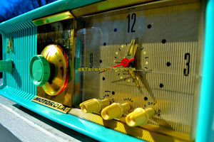 SOLD! - Feb. 15, 2018 - VIVID Turquoise Retro Jetsons 1957 Motorola 57CC Tube AM Clock Radio Excellent Plus! - [product_type} - Motorola - Retro Radio Farm