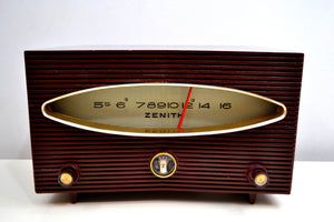 SOLD! - Feb 9, 2020 - Burgundy Maroon 1956 Zenith A615F AM Vacuum Tube Radio Sputnik Period Headturner! - [product_type} - Zenith - Retro Radio Farm